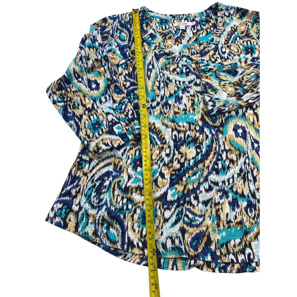Chico's Ikat Paisley Top Size L Blue Teal Boho Coastal Lightweight Tee - Picture 7 of 10